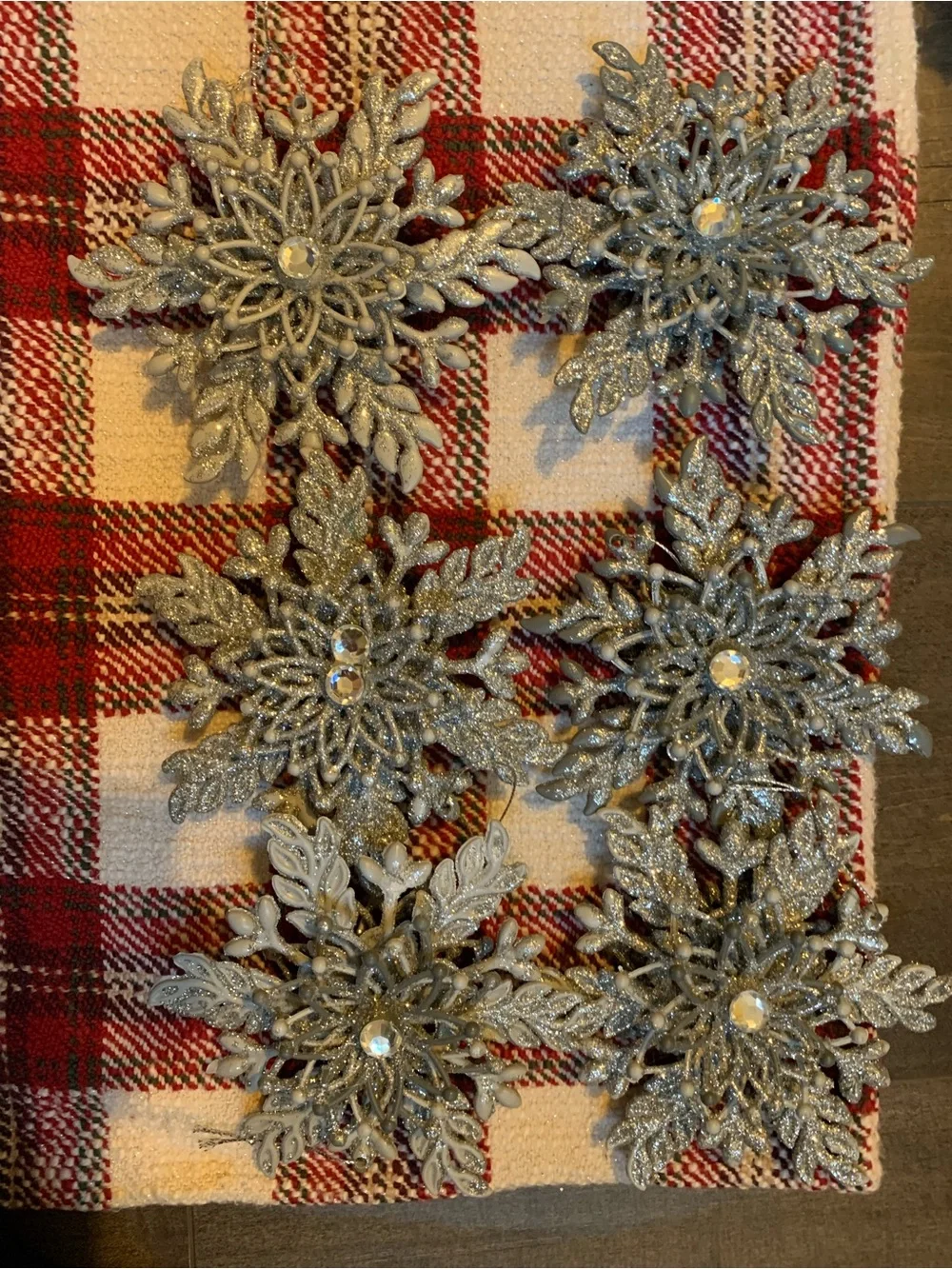 Glitter Silver Snowflake Ornaments with Rhinestones - Set of 6